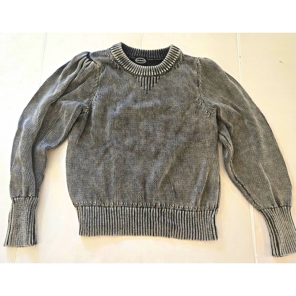 Scoop Women's Medium Puff Sleeve Sweater Black Gray Acid Wash 100% Cotton Knit